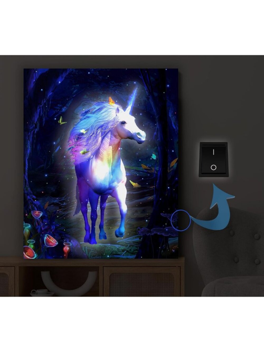 LED Light Up Unicorn Canvas Wall Art - Framed Purple Decor for Girls' Room